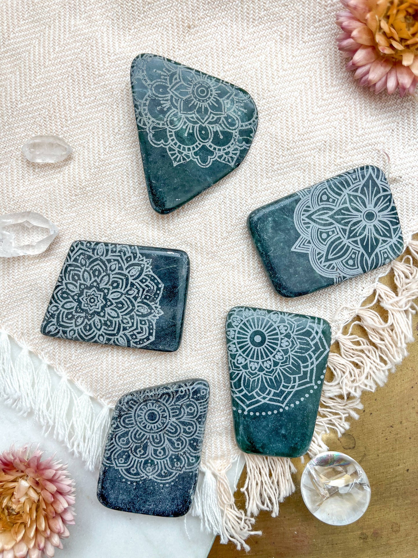 Etched Jade Smooth Pocket Palmstone - Assorted Mandalas: Small (~1.25")