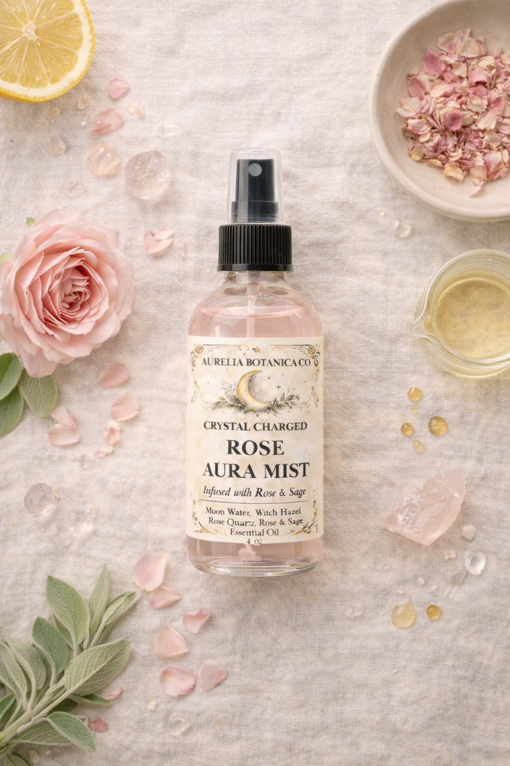 Rose & Sage Moon Water | Crystal Infused Aura Mist for Cleansing, Protection & Heart Healing | Full Moon Ritual Spray | Energy Clearing Botanical Mist: 2 fl oz