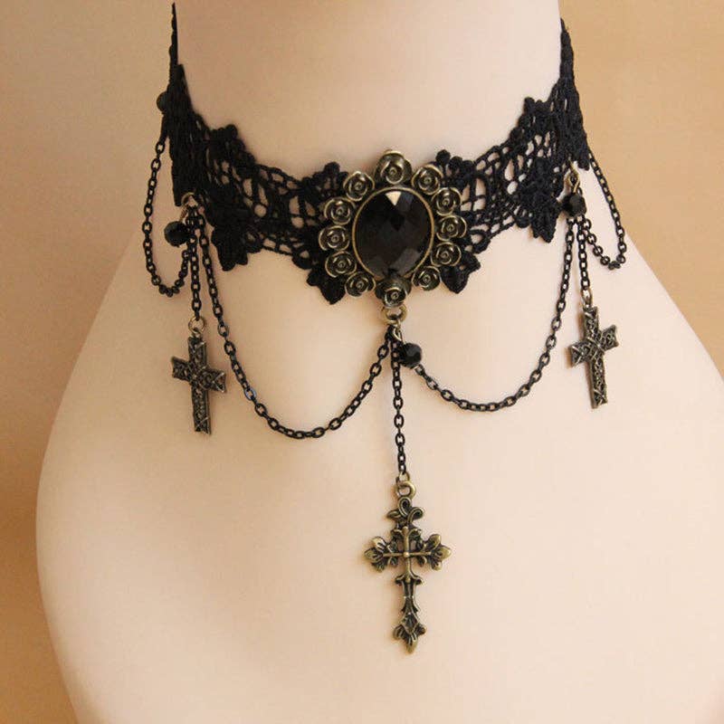 Delicate Chain Cross Gothic Laced Choker: Black