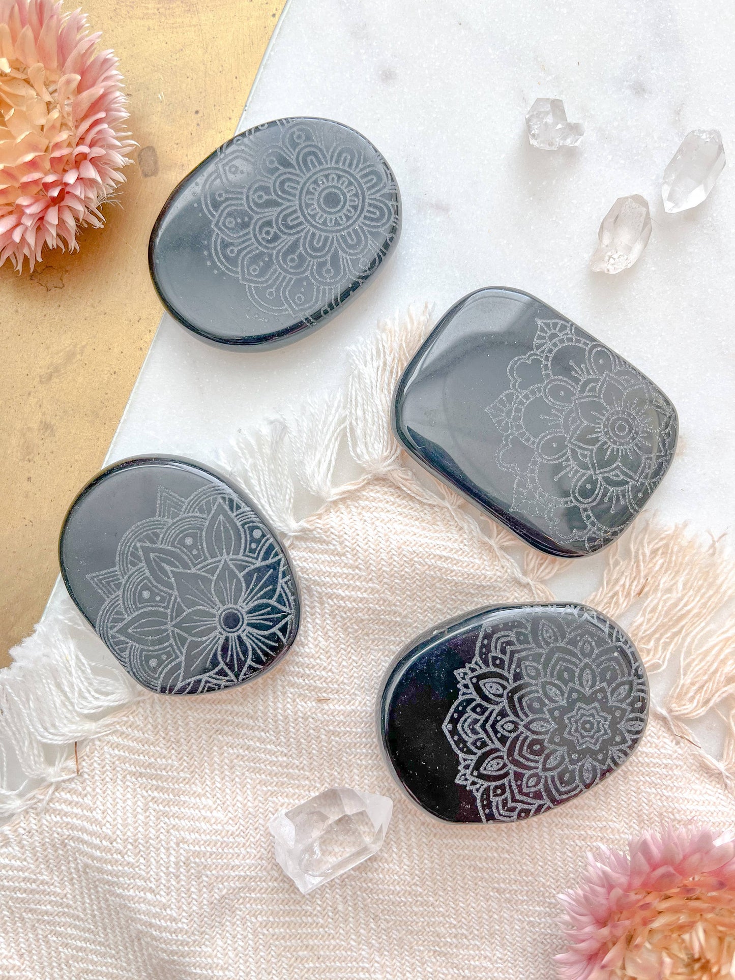 Etched Obsidian Smooth Pocket Stone - Assorted Mandalas