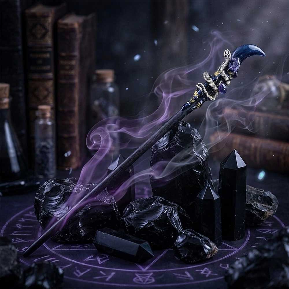 Magic Wand w/ Gift Box - Black Obsidian Moon & Snake (Each): Black obsidian