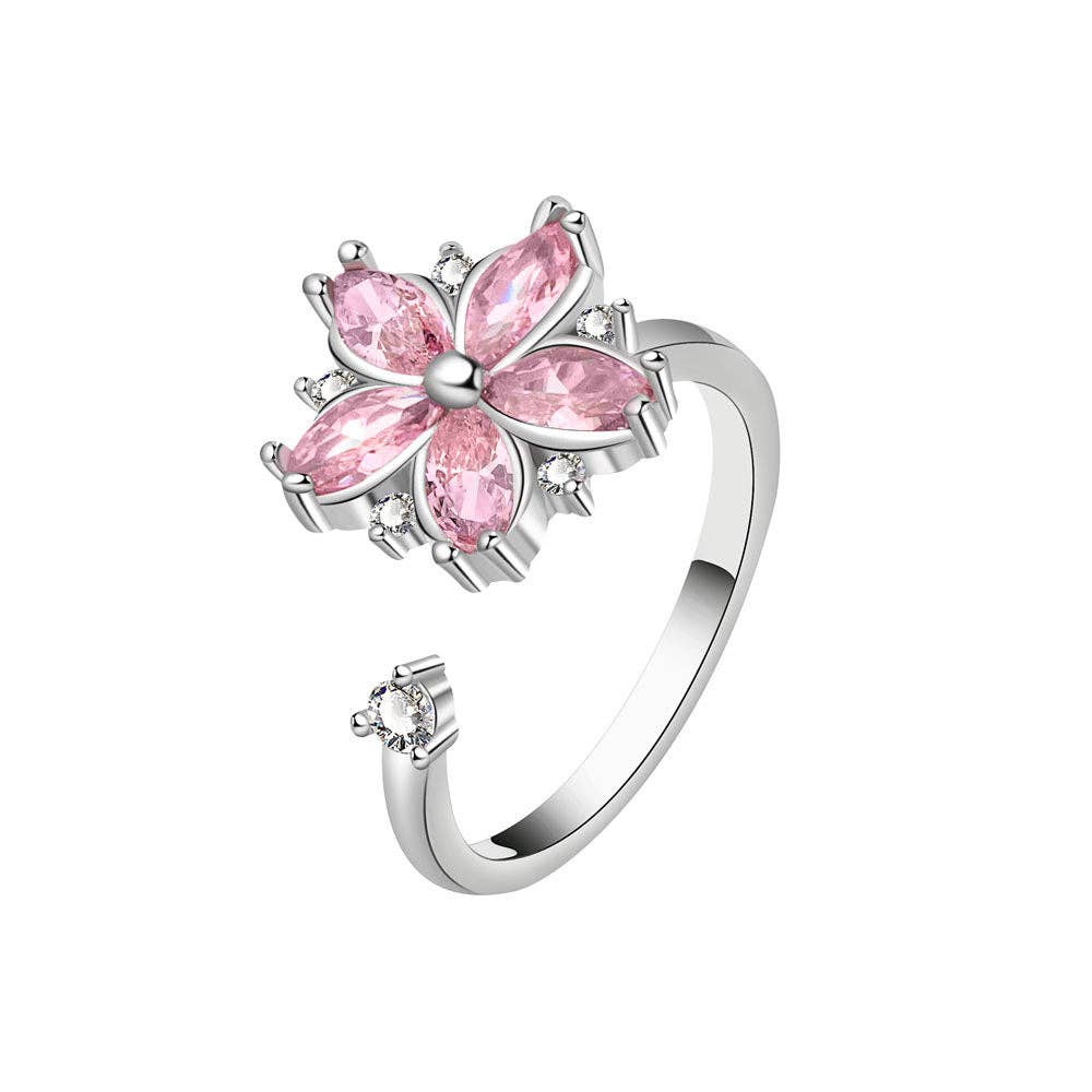 Cherry Blossom Flower Fidget Spinner Ring in Solid Copper: Silver