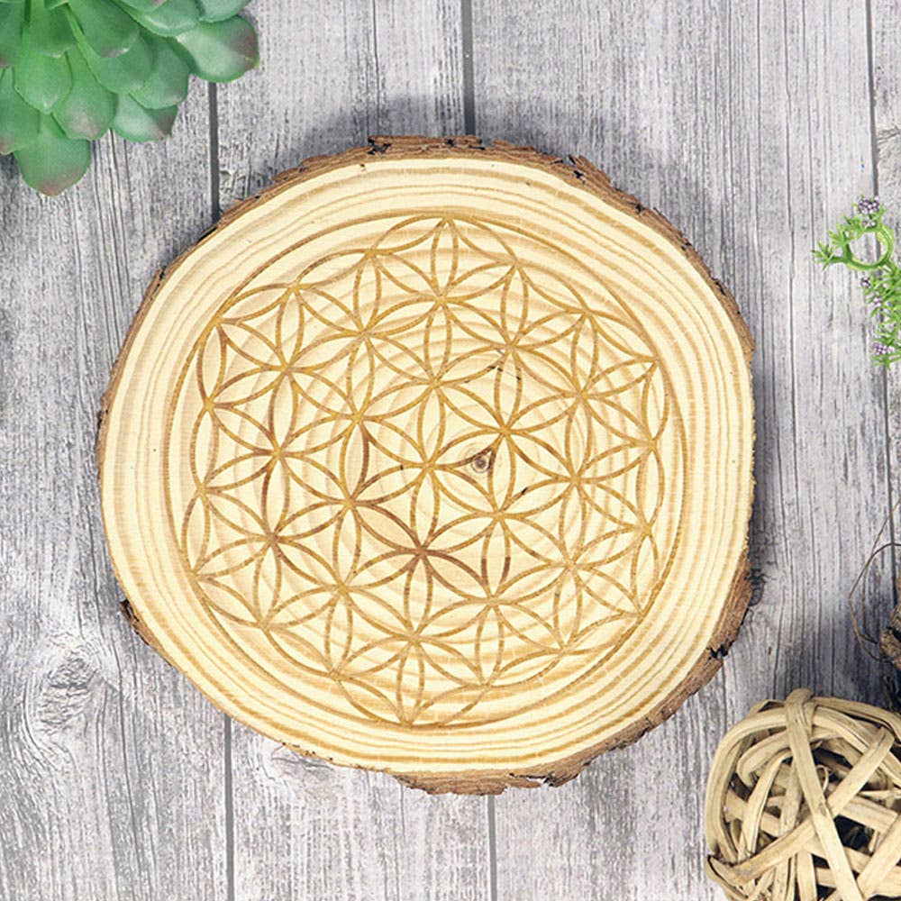 Flower of Life Natural Wood Crystal Grid