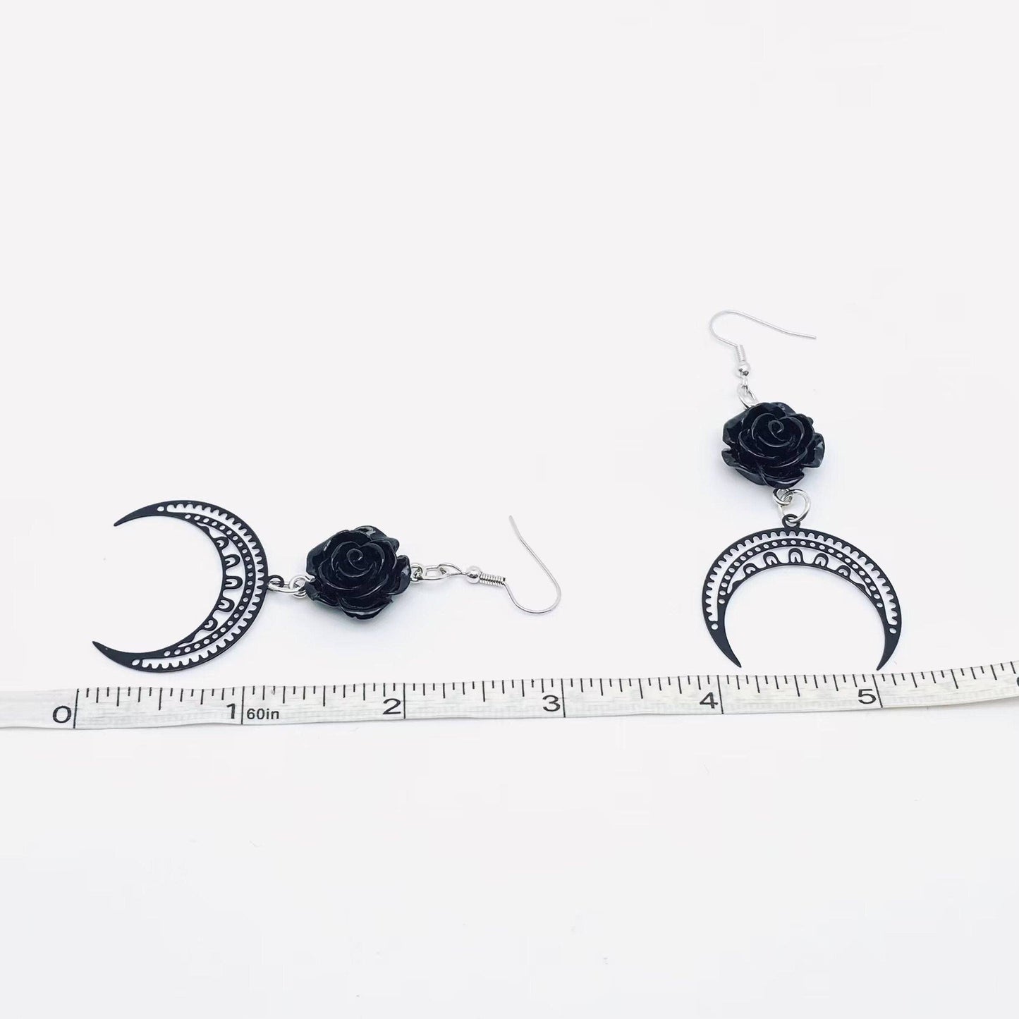 Earrings - Gothic Black Rose Crescent Moon