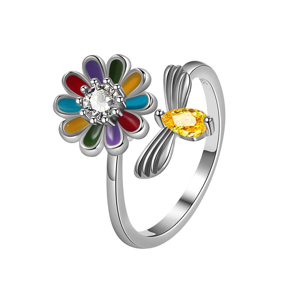 Flower Bee Anxiety Fidget Spinner Ring in Solid Copper