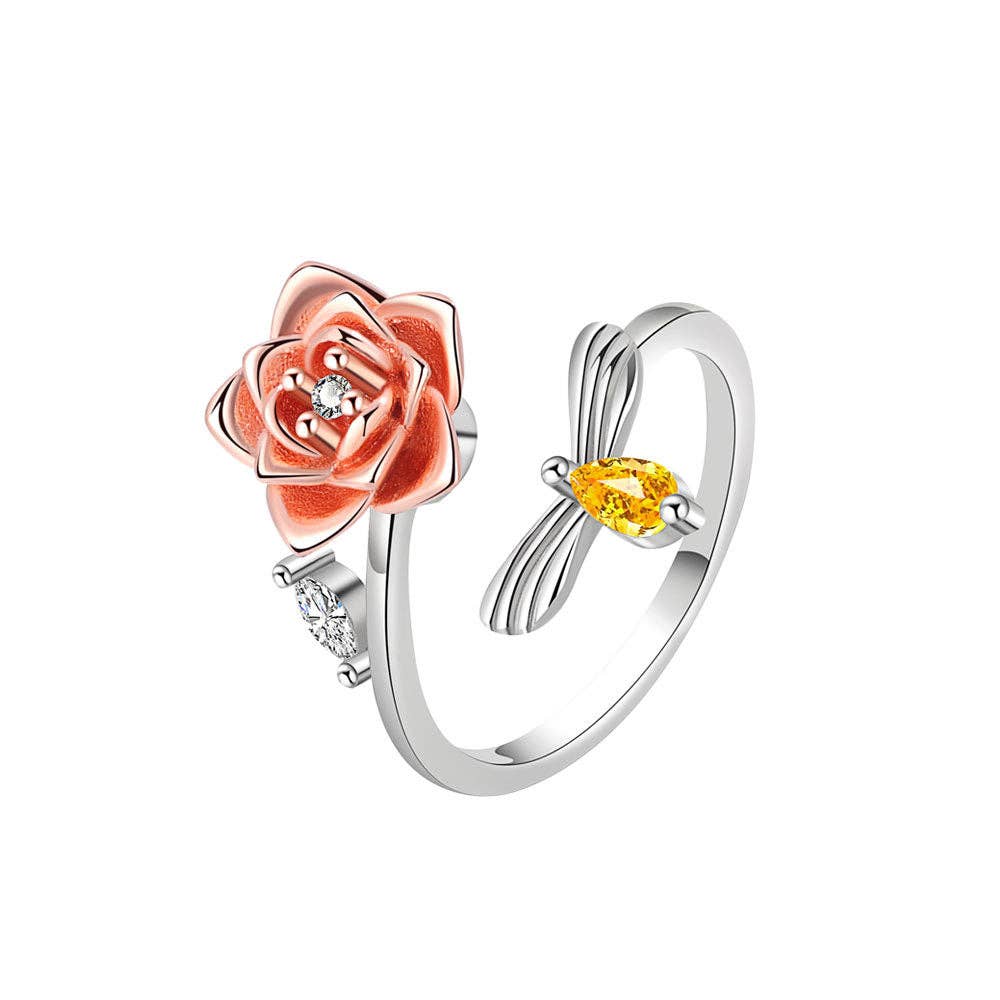 Rose Flower Bee Anxiety Fidget Spinner Ring in Solid Copper
