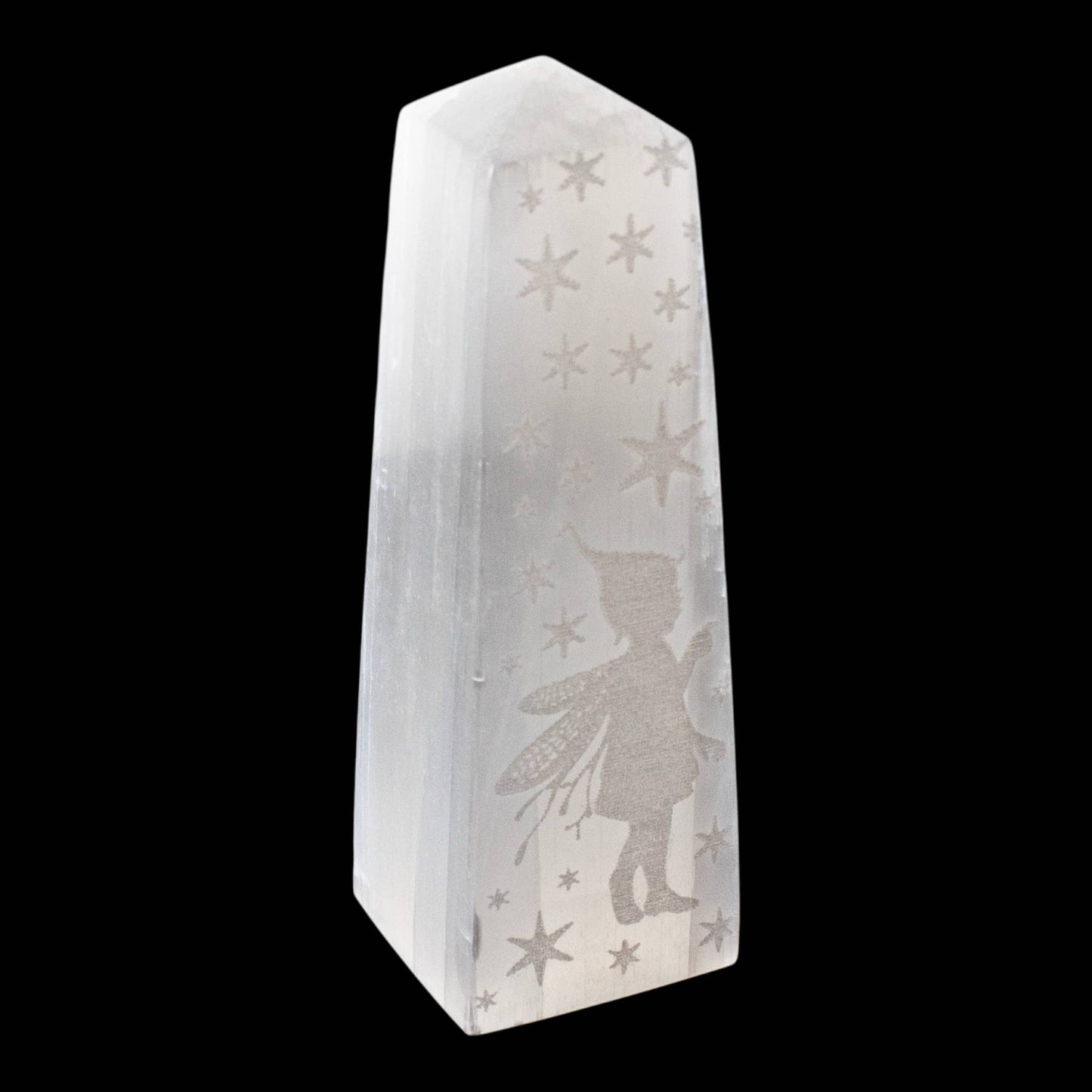 Selenite Obelisk 4 Sided Fairy Engraving 10cm
