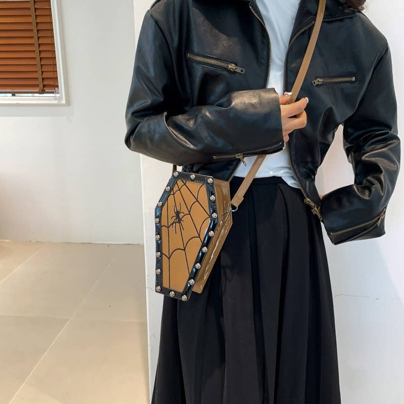 Spider Web Pattern Studded Coffin Crossbody Bag: Brown