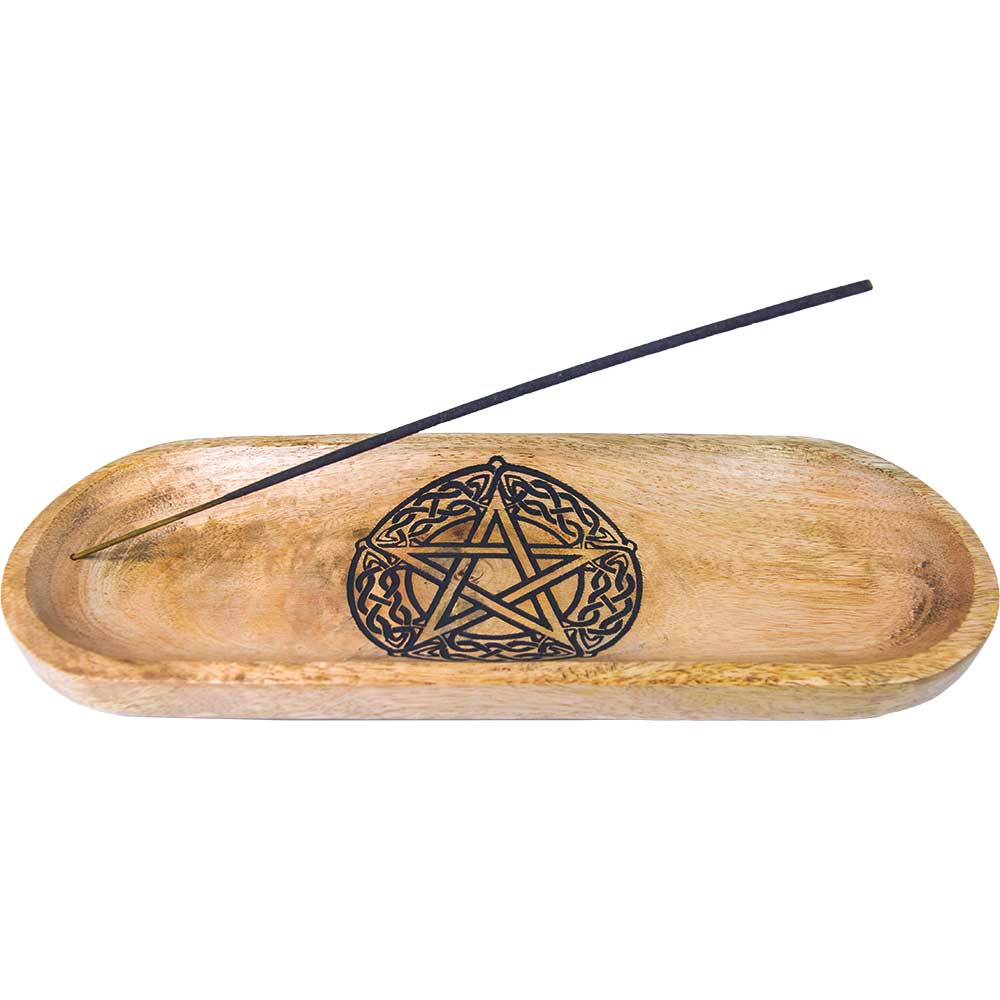 Mango Wood Oval Incense Holder -Celtic Pentacle (Beige)