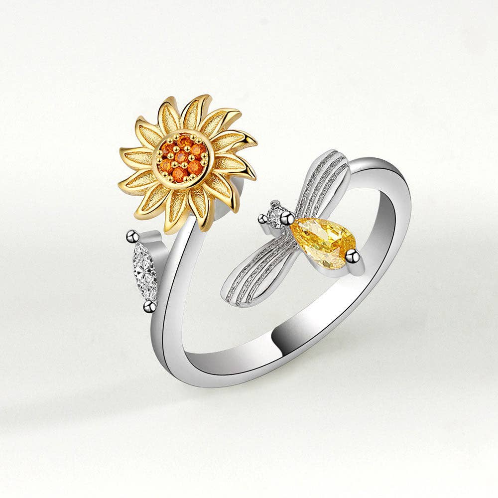 Sunflower Anxiety Fidget Spinner Ring in 925 Sterling Silver: Solid Copper