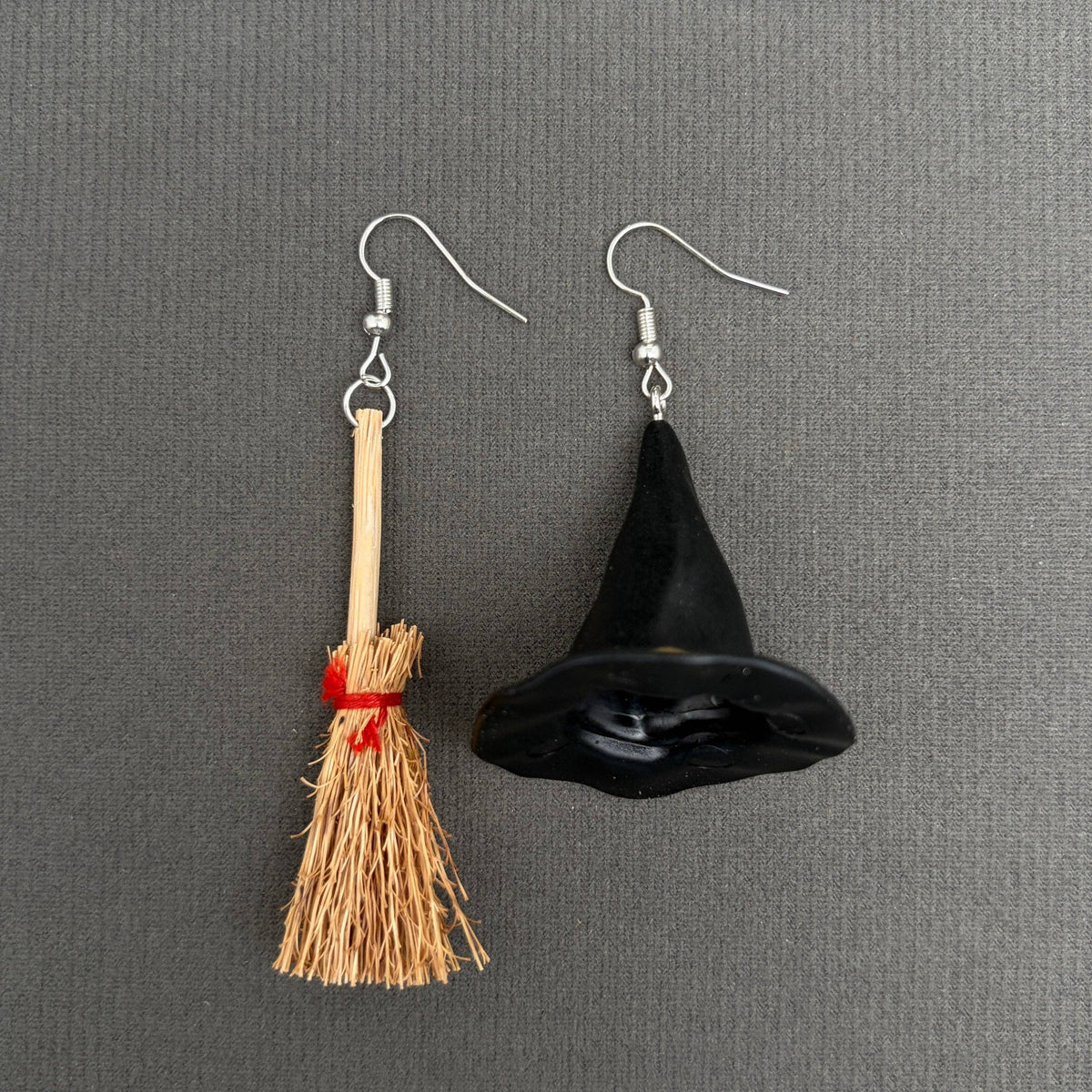 Halloween Asymmetric Witch Hat & Broom Dangle Earrings