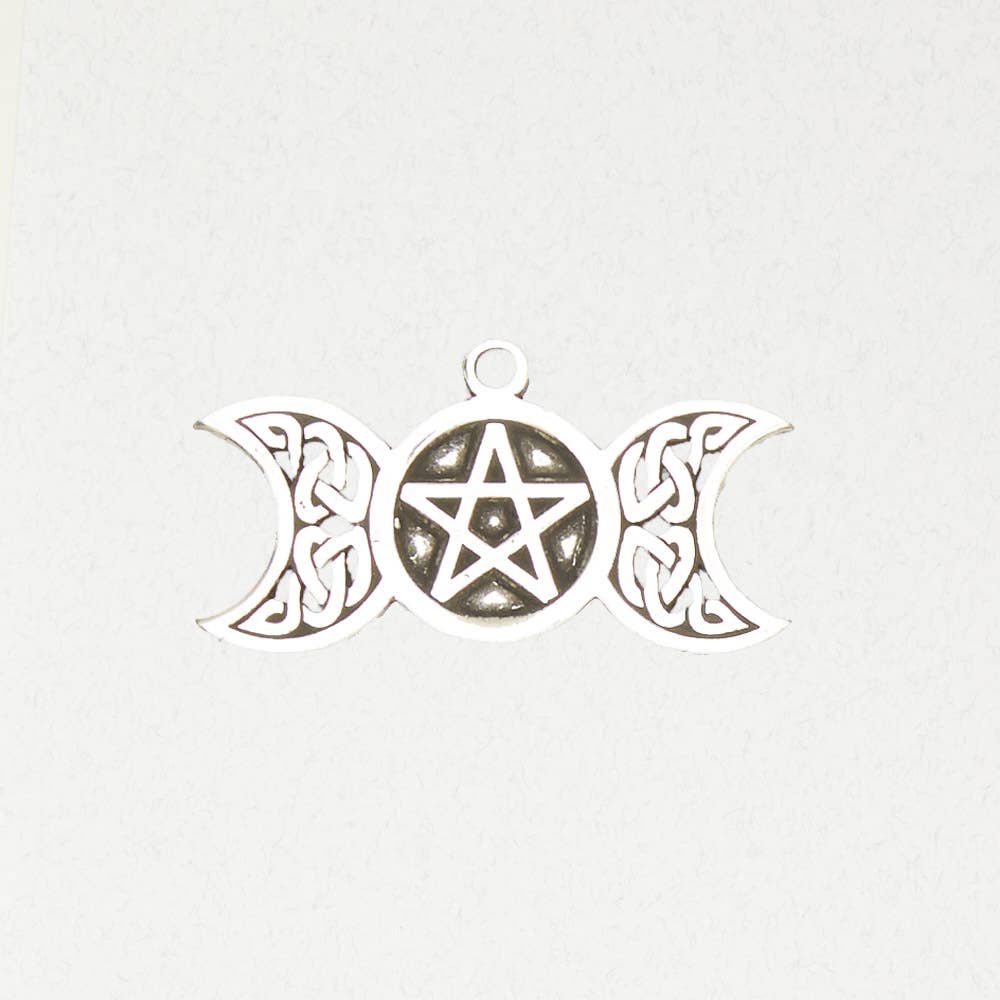 Wicca Pewter Necklace Pendant – Triple Moon Pentacle: Pewter