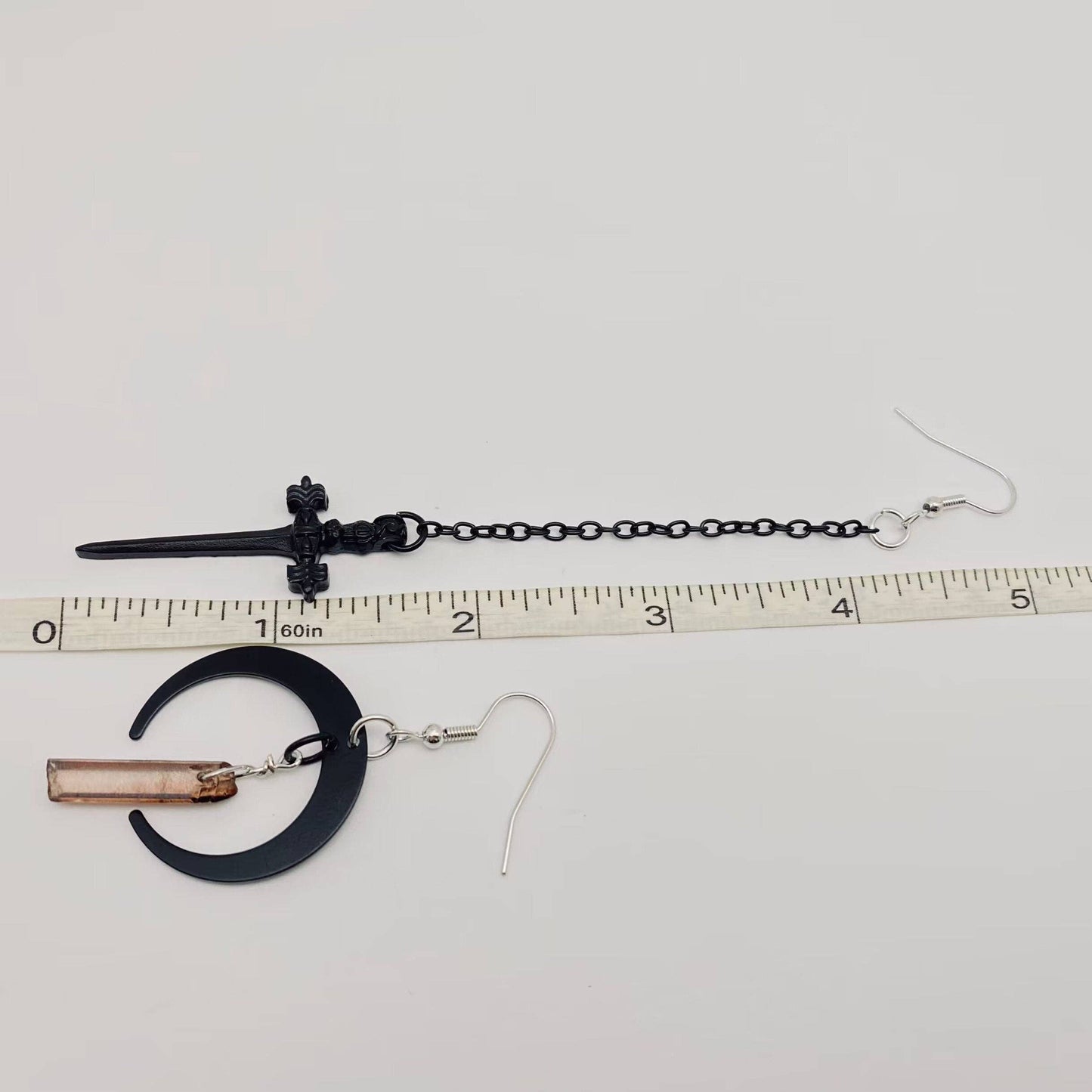 Earrings - Gothic Black Moon Dagger Crystal Asymmetric