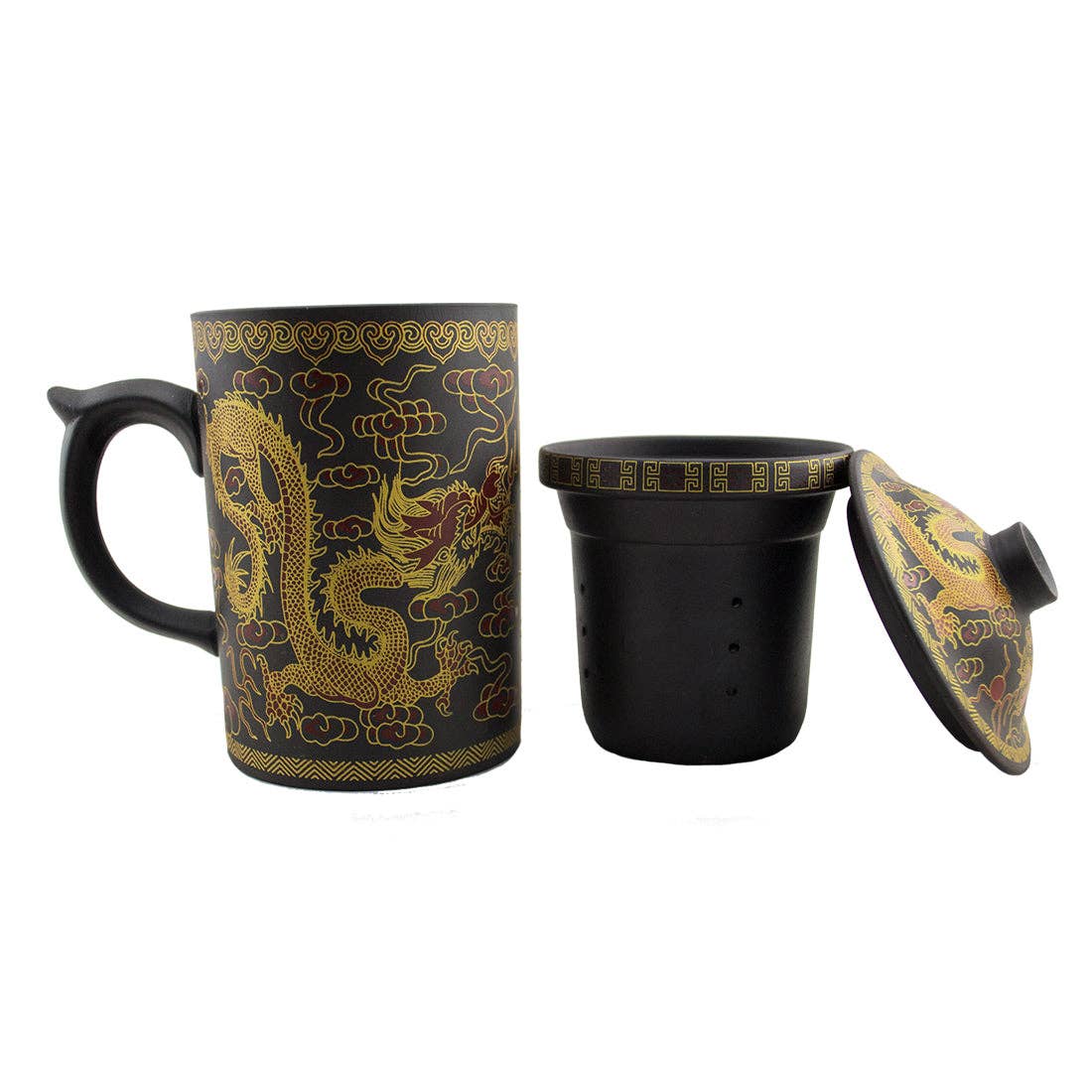 Clay Strainer Mug With Gold Dragon (Brown)