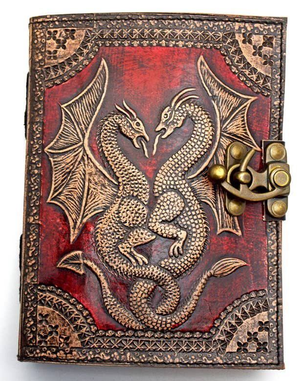 Leather Journal 52 - Red Double Dragon Embossed
