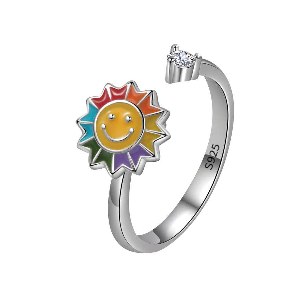 Smiley Sunflower Anxiety Fidget Spinner Ring in Solid Copper