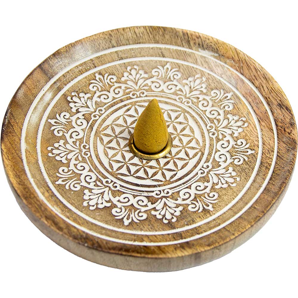 Mango Wood Cone Burner Laser Engraved - Flower of Life