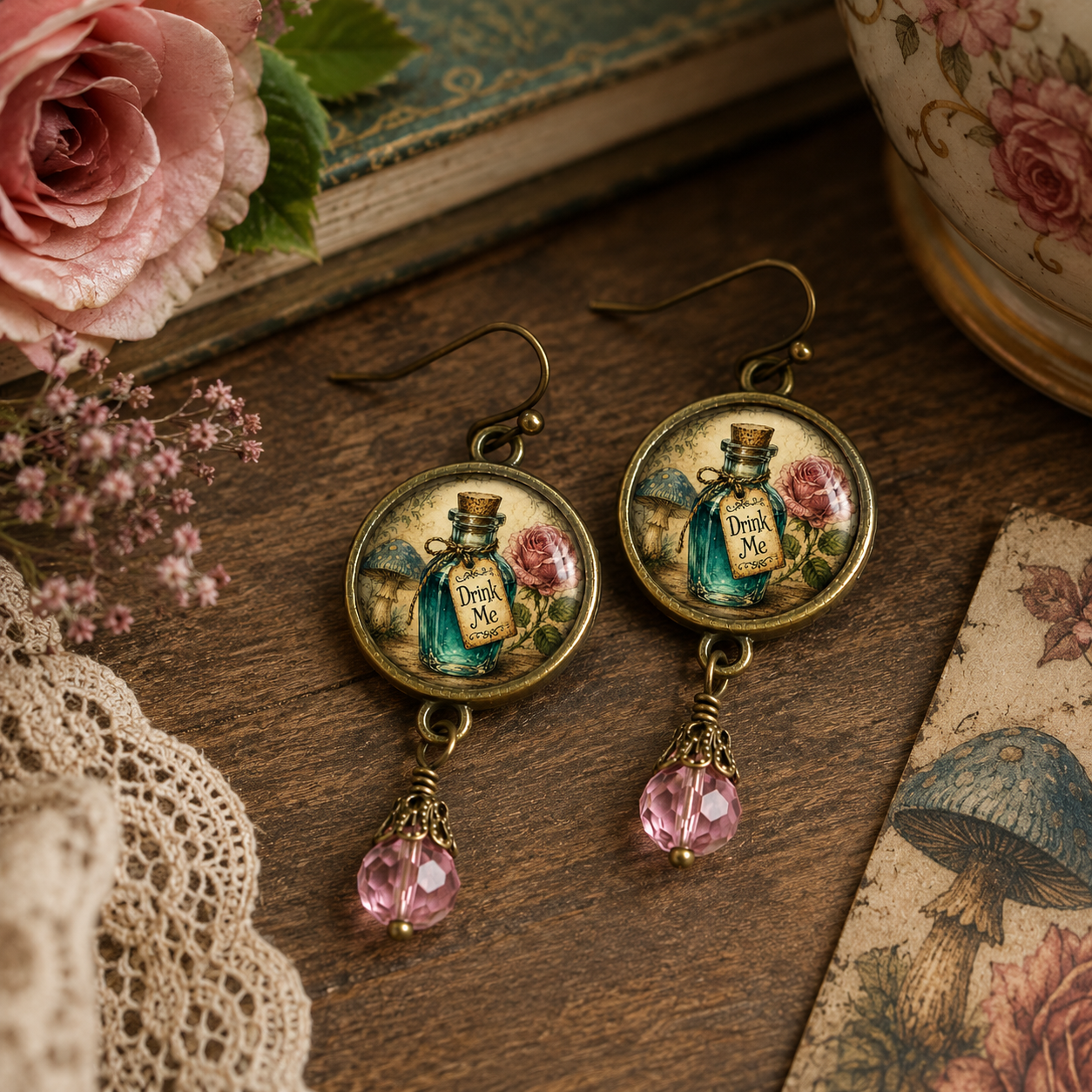 "Drink Me" bottle Wonderland Vintage Earrings