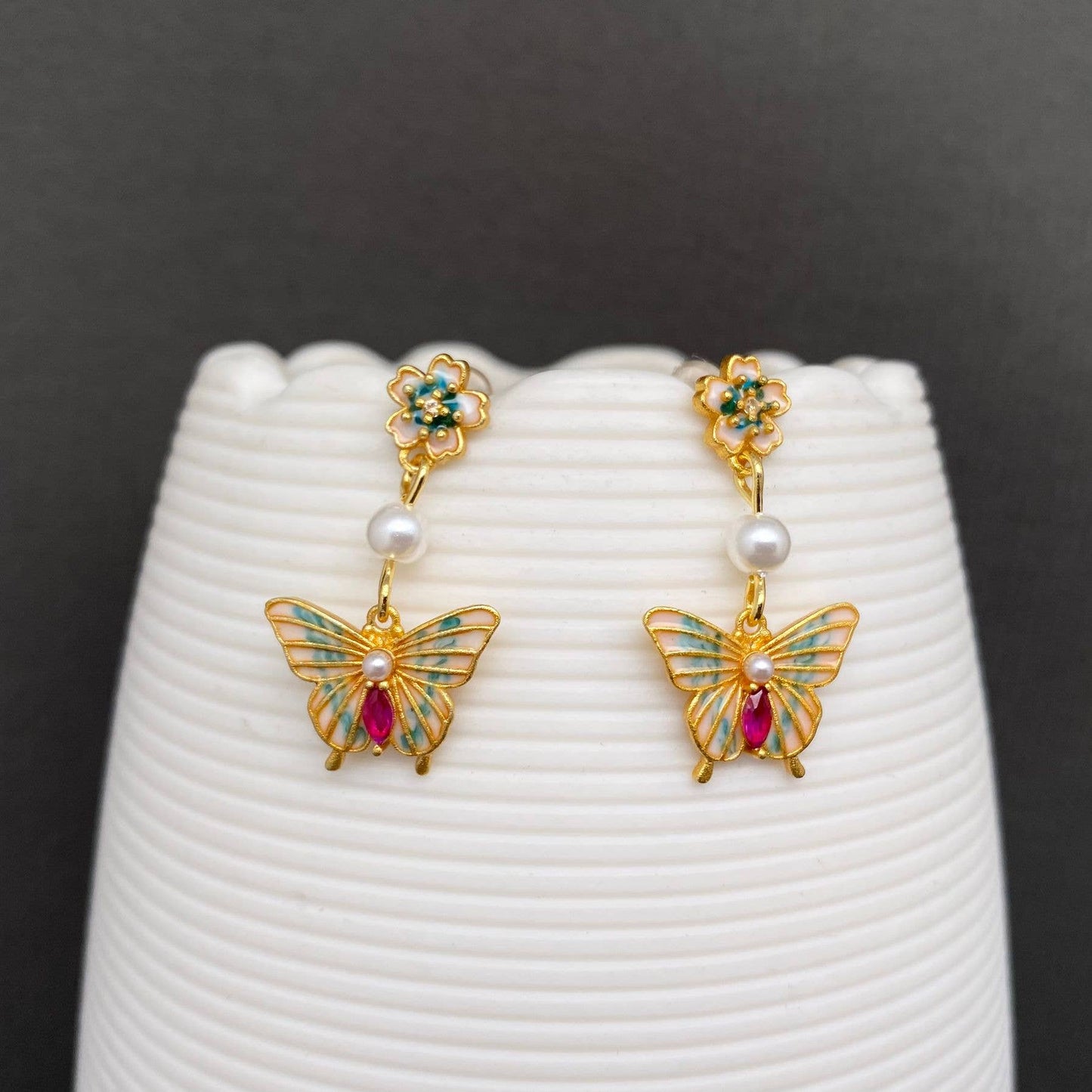 Earrings - Enamel Butterfly & Flower