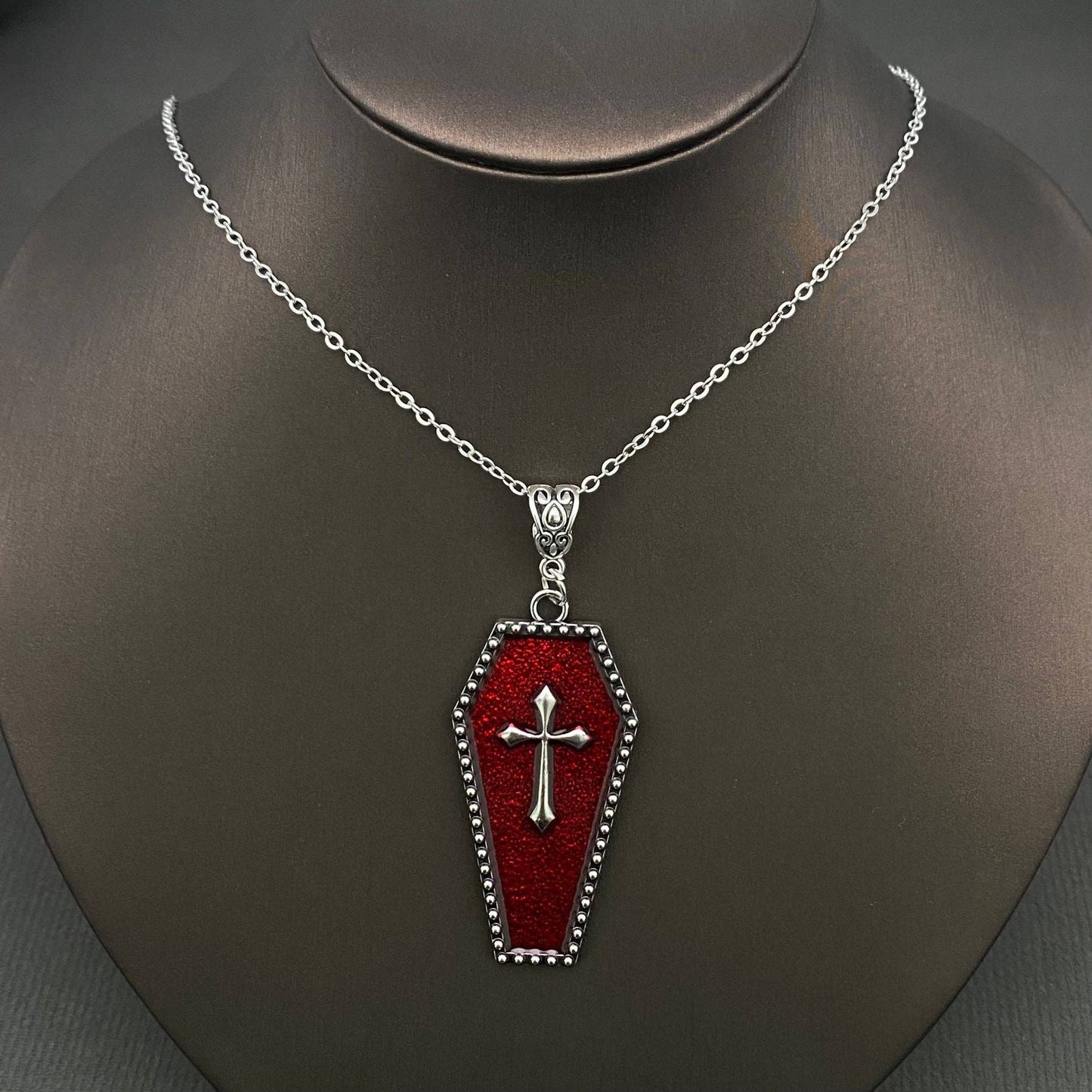 Gothic Enamel Cross Coffin Charm Necklace - GT: Black