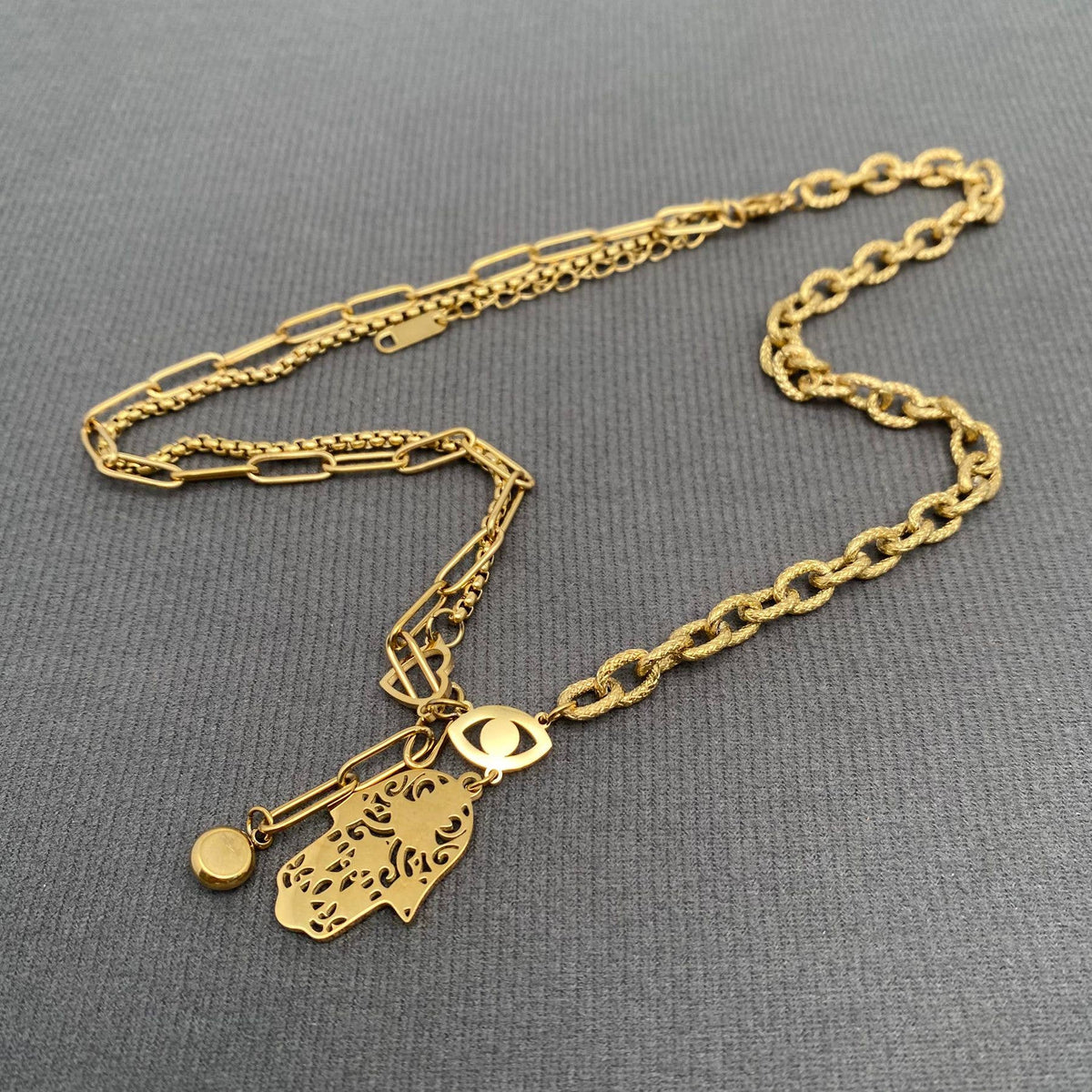 Enamel Fatima's Hand 18K Gold Plated S.Steel Necklace - FGS