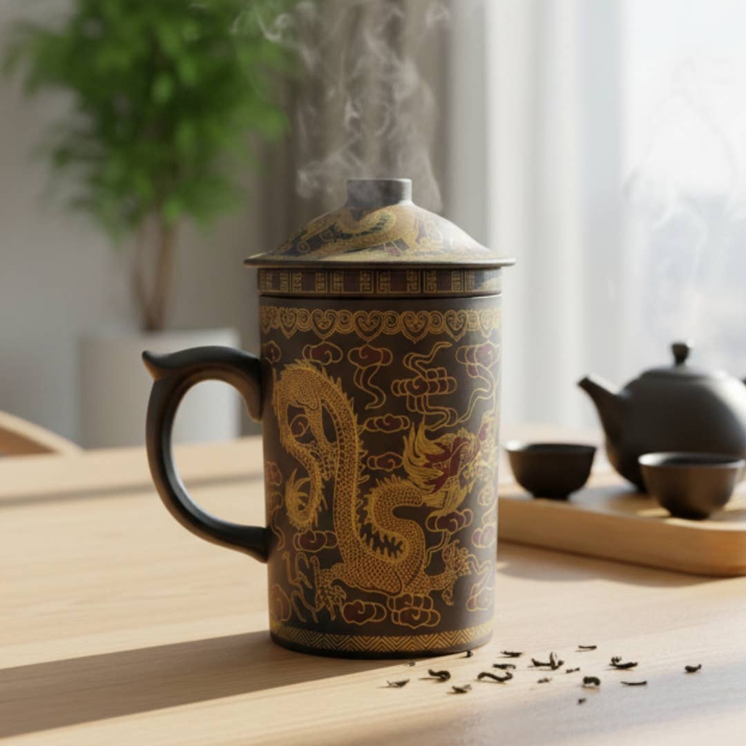 Clay Strainer Mug With Gold Dragon (Brown)