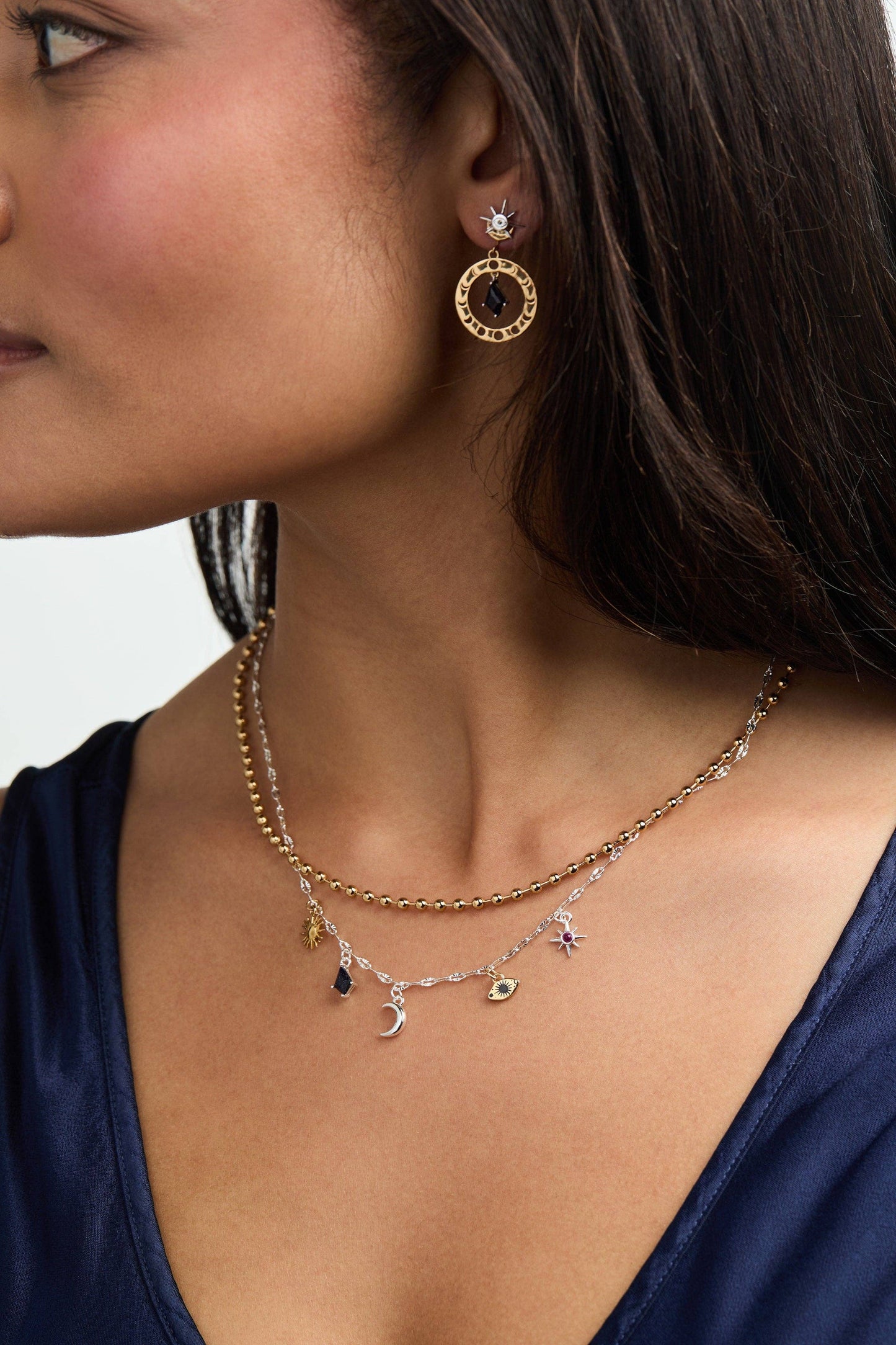 Moon Magic 2 Row Charm Necklace: Two Tone