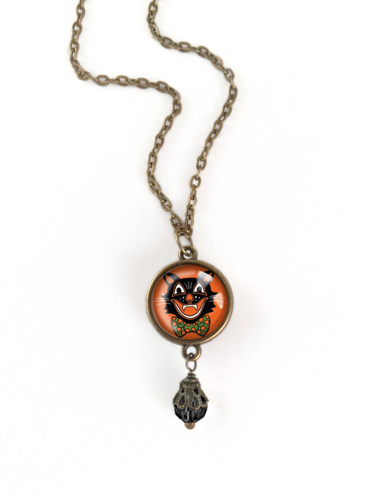 Necklace - Retro Black Cat Ornate: 16mm Double Sided Pendant with Bead