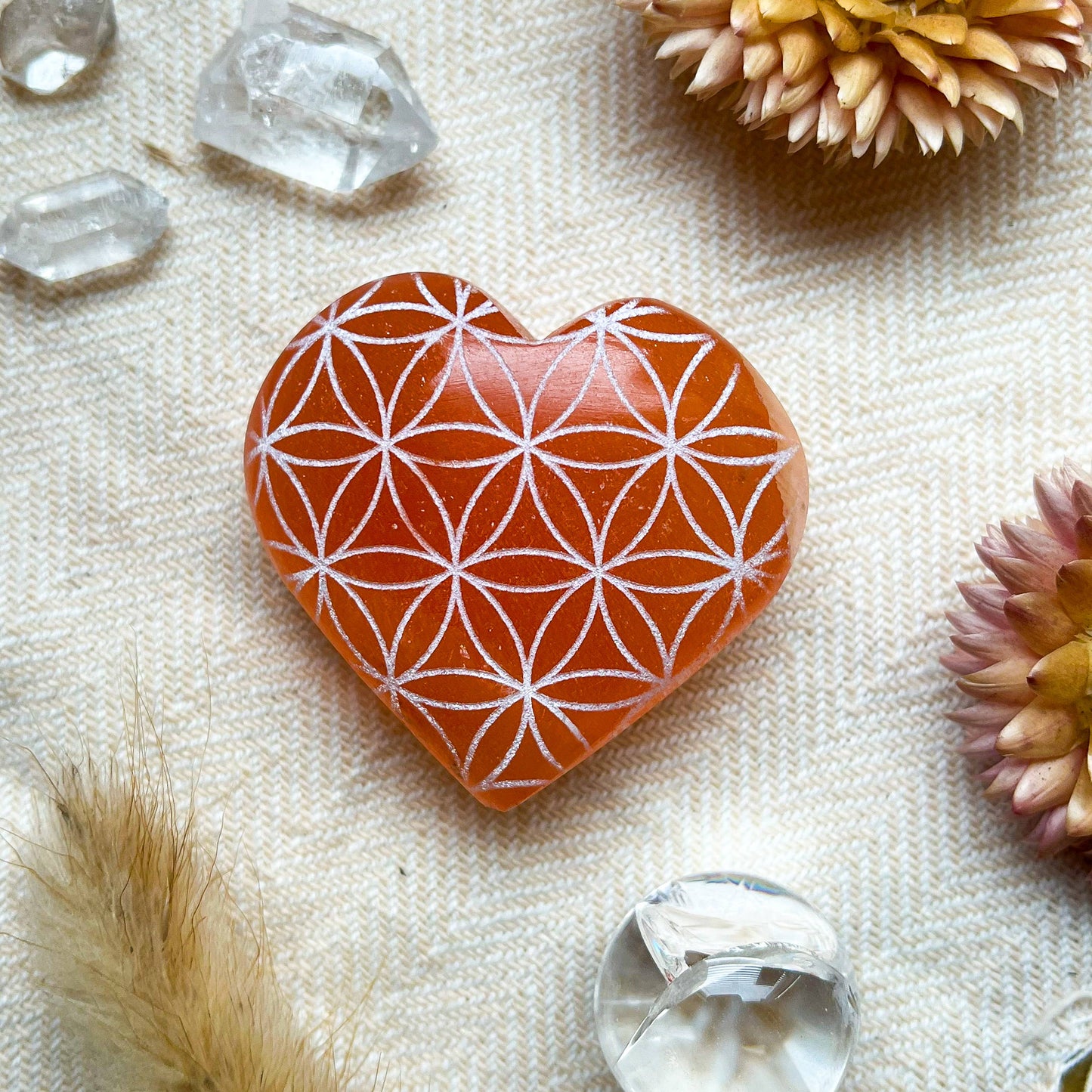 Peach Selenite - Engraved Heart Small (~2") / Om Mandala