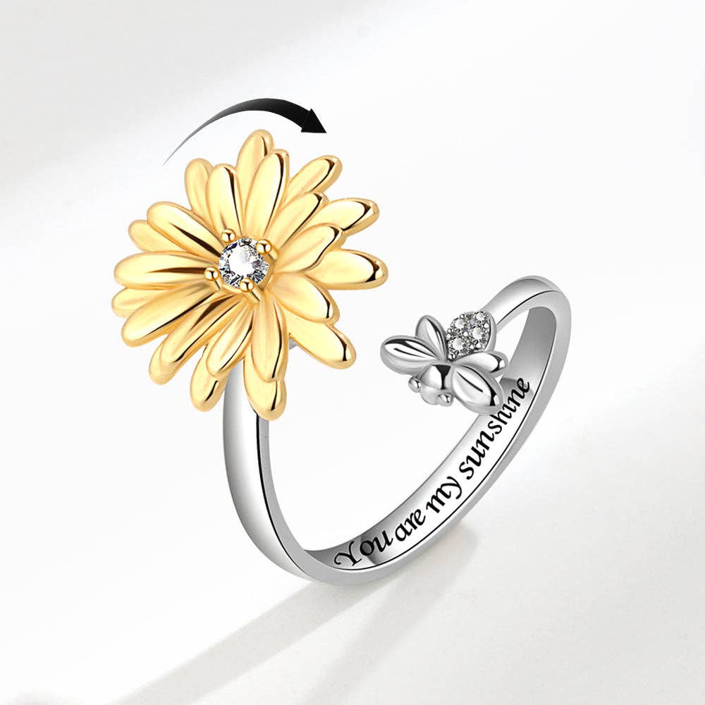 Daisy Flower Bee Anxiety Fidget Spinner Ring in Solid Copper: Silver