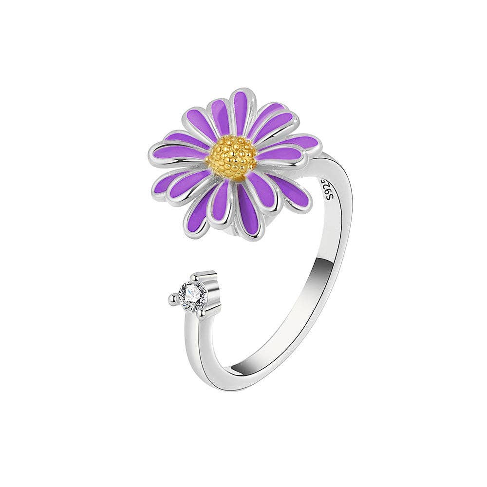 White Daisy Flower Anxiety Fidget Spinner Ring in Solid Copper