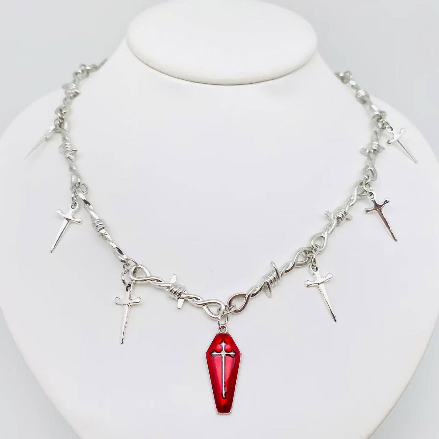 Gothic Red Coffin Cross Sword Charm Thorn Chain Necklace -GT