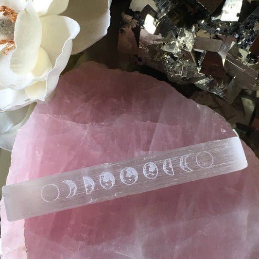 Rough Mini Selenite Wand with Moon Phase Engraving