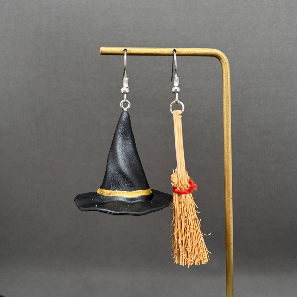 Halloween Asymmetric Witch Hat & Broom Dangle Earrings