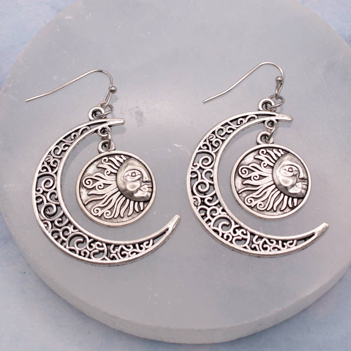 Earrings - Silver Filigree Cresent Moon & Sun