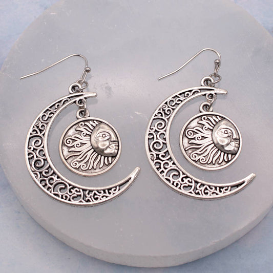 Earrings - Silver Filigree Cresent Moon & Sun