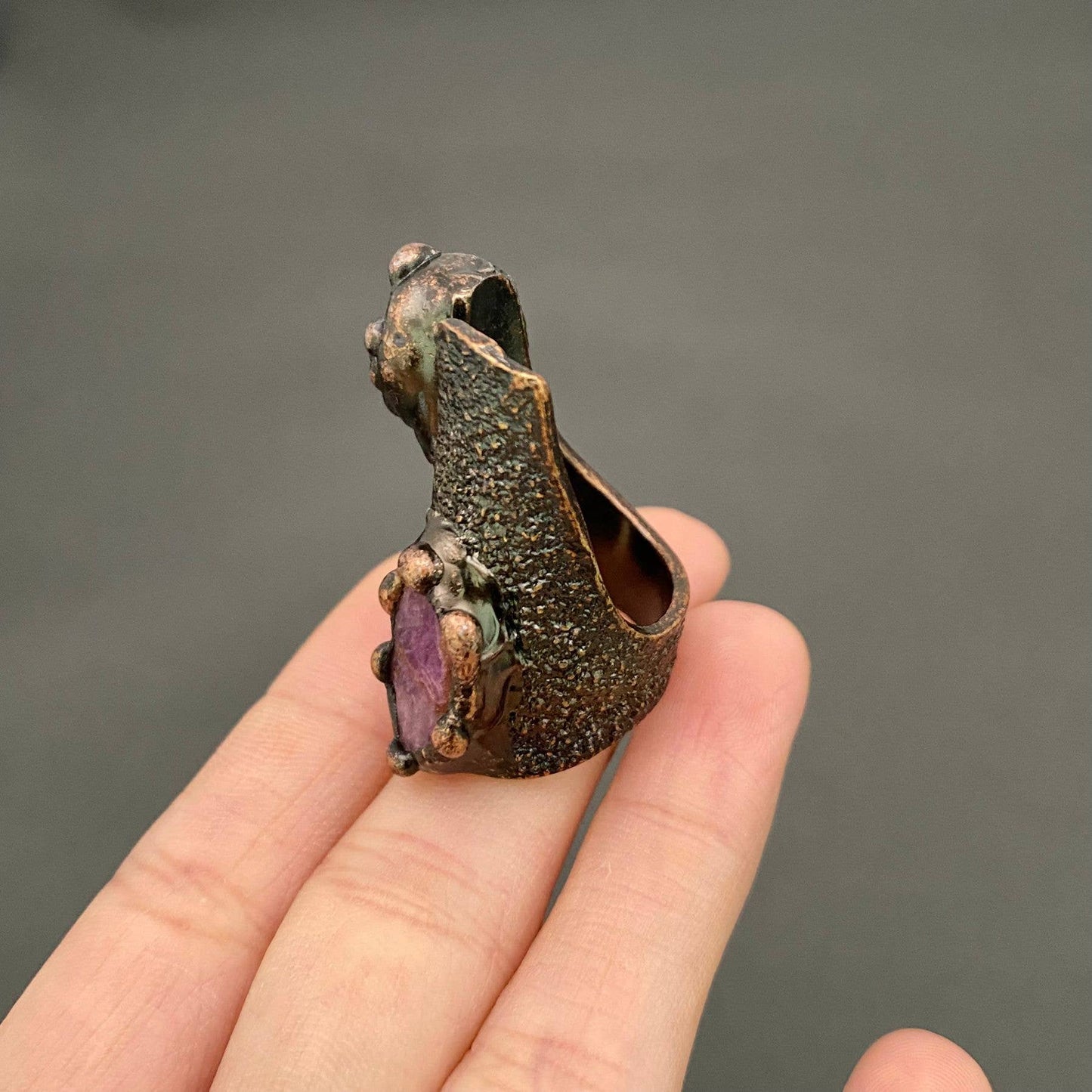 Vintage Anemousite & Rhodonite Crystal Adjustable Ring