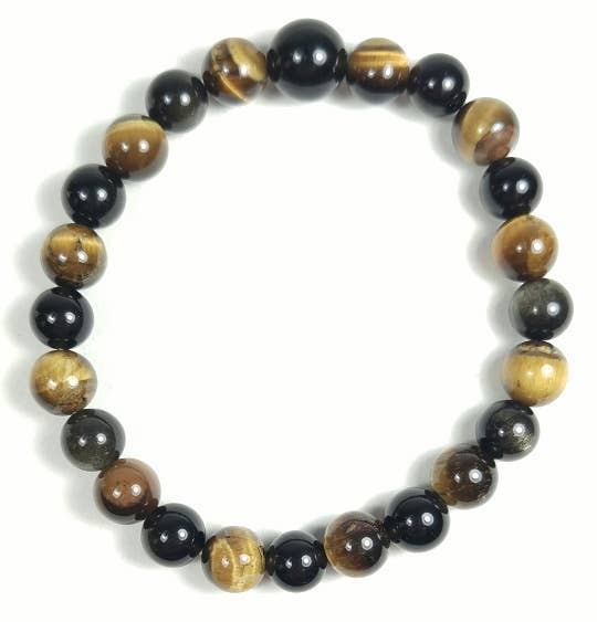 Tiger's Eye & Black Obsidian Beaded Bracelet Wrist Mala 10mm