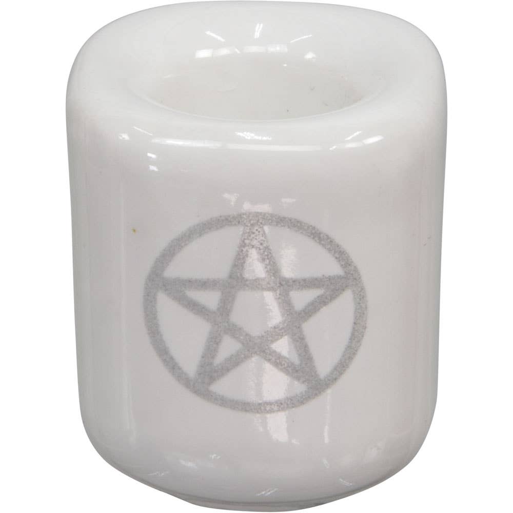 Candle Holder Mini - White w/ Silver Pentacle