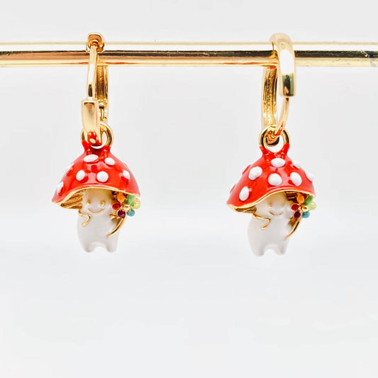 Earrings - 3D Enamel Cute Mushroom Huggie Hoop