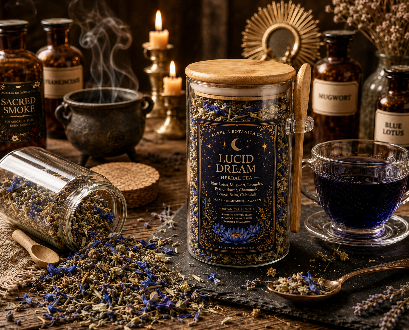 Lucid Dream Herbal Tea | Loose Leaf Ritual Tea | Mugwort | Blue Lotus |  Dreamwork & Mindful Sleep Blend | Ritual Card |: 1 oz Sample Pouch