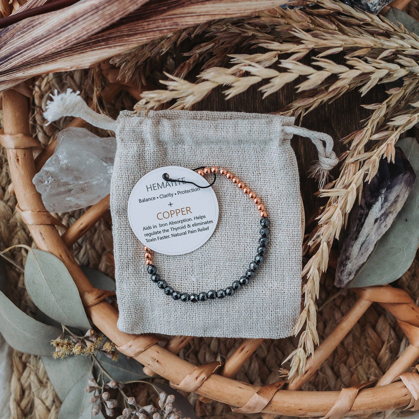 Dainty and Elegant Multi-Faceted Hematite + Copper Bracelet