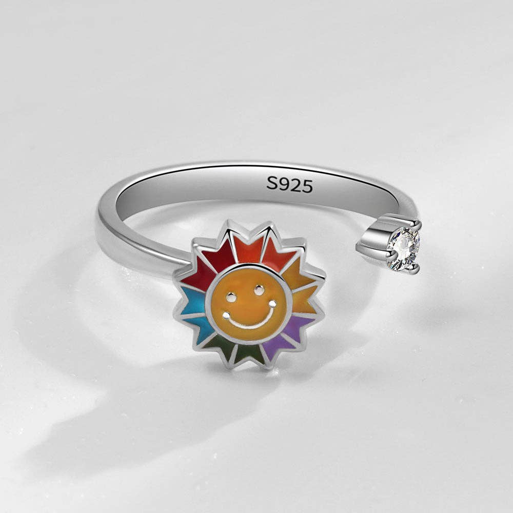 Smiley Sunflower Anxiety Fidget Spinner Ring in Solid Copper