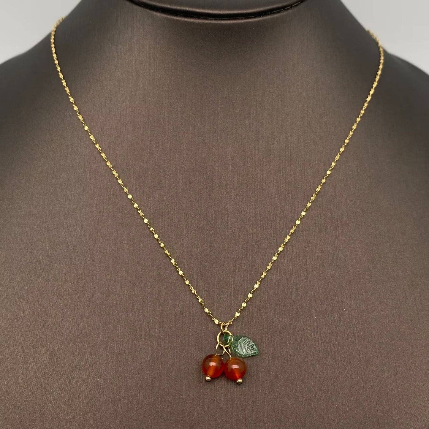 Carnelian Cherry Charm 18K Gold Plated S.Steel Necklace