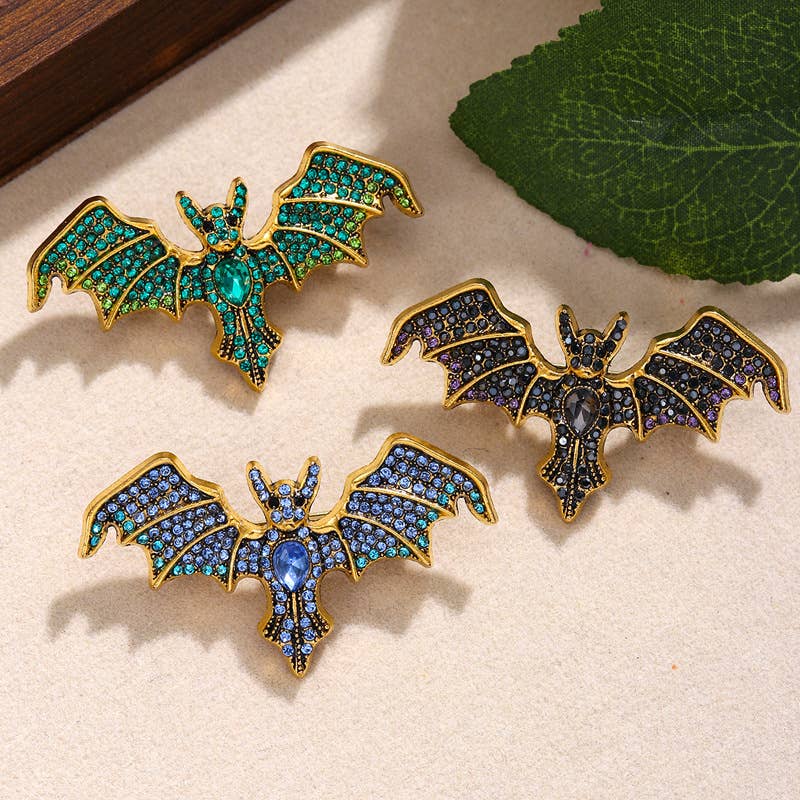 Vintage Rhinestone Devil Bat Brooch: Green