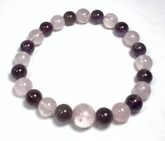 Rose Quartz & Amethyst Beaded Bracelet - Wrist Mala - 8mm