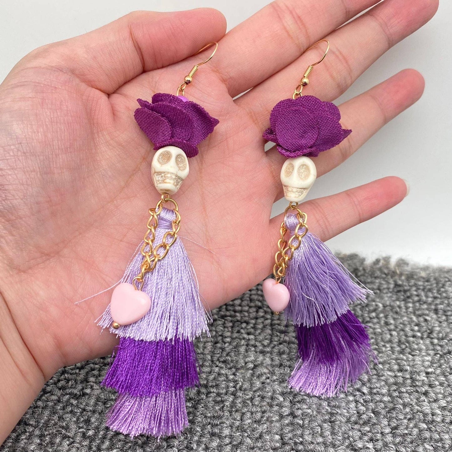 Halloween Purple Fringed Skeleton Lady Dangle Earrings