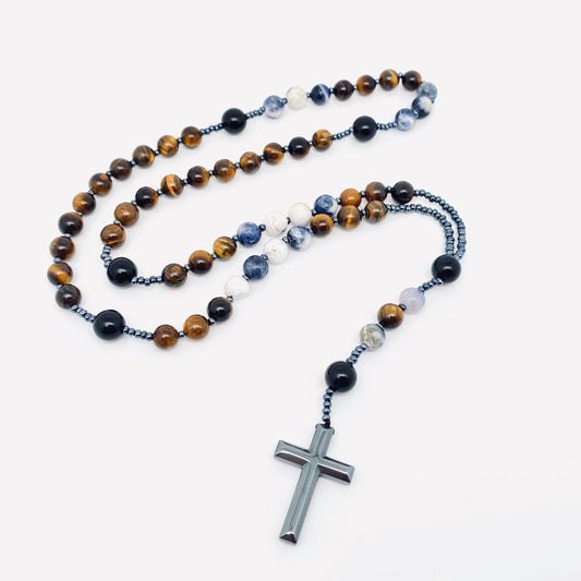 Cross Pendant - Rosary Like - Tiger Eye & Blue-Vein Stone