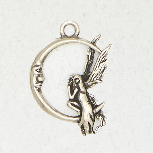 Pewter Pendant Necklace - Fairy On Moon: Pewter