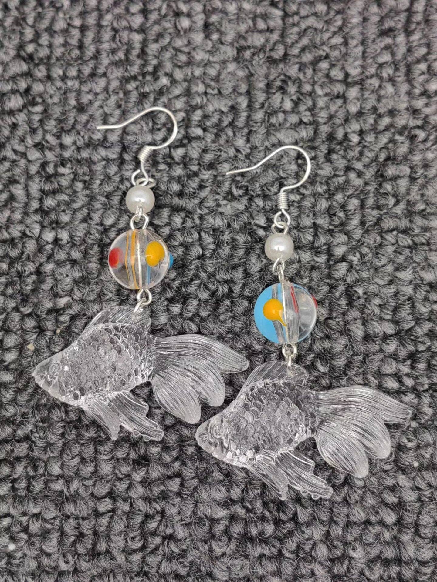 Earrings - Transparent Acrylic Goldfish Dangle Earrings: Post Style